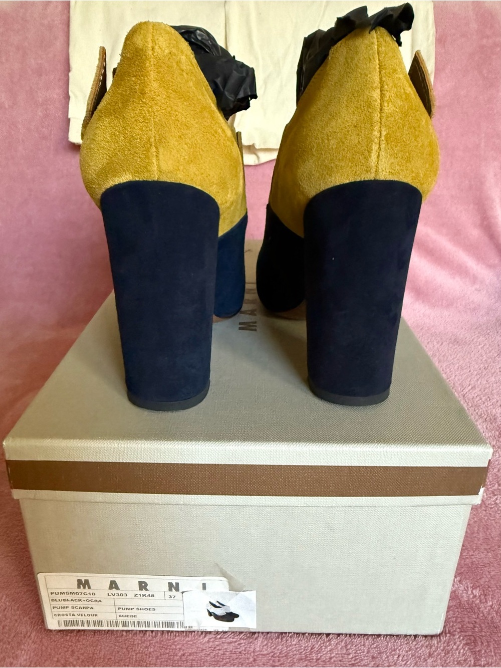 MARNI Suede Two-Tone Navy and Mustard Block Heel Pumps - Size 37